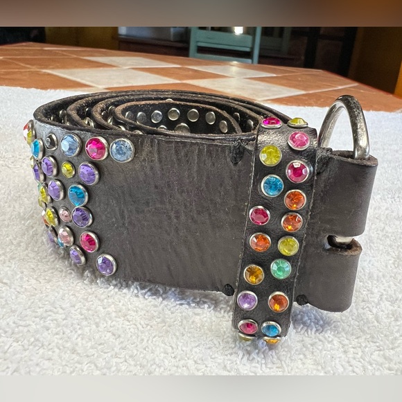 Black Genuine Leather Swarovski Crystal Belt - Picture 3 of 16